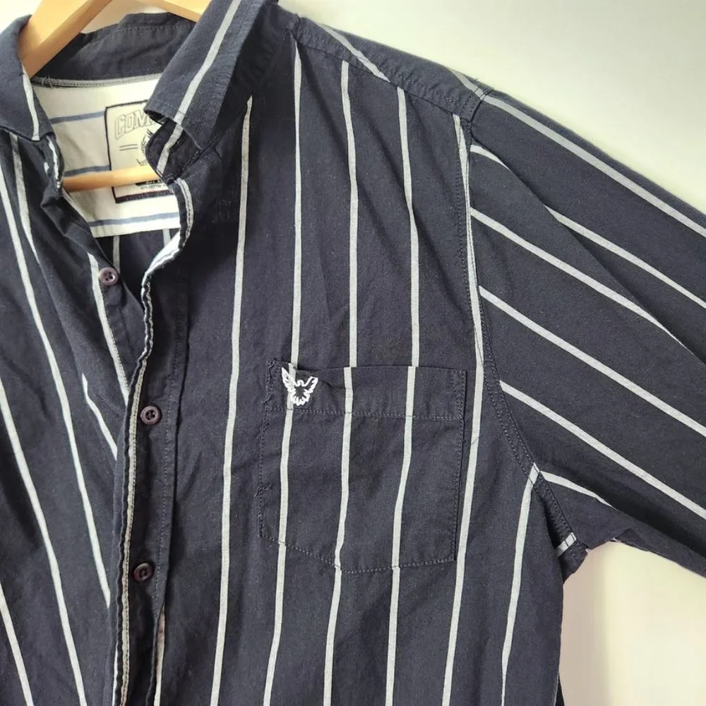 Y2K Striped Button Down Shirt Navy Blue White Men's Large Company‎ 81 Eagle Vtg
